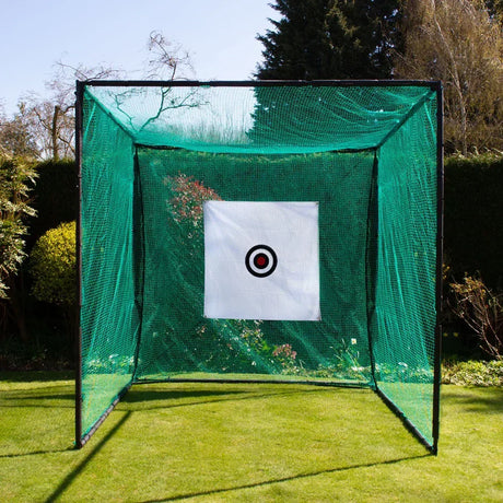 Green backyard sports net with a white target featuring a red bullseye, set on lush grass surrounded by trees and shrubs