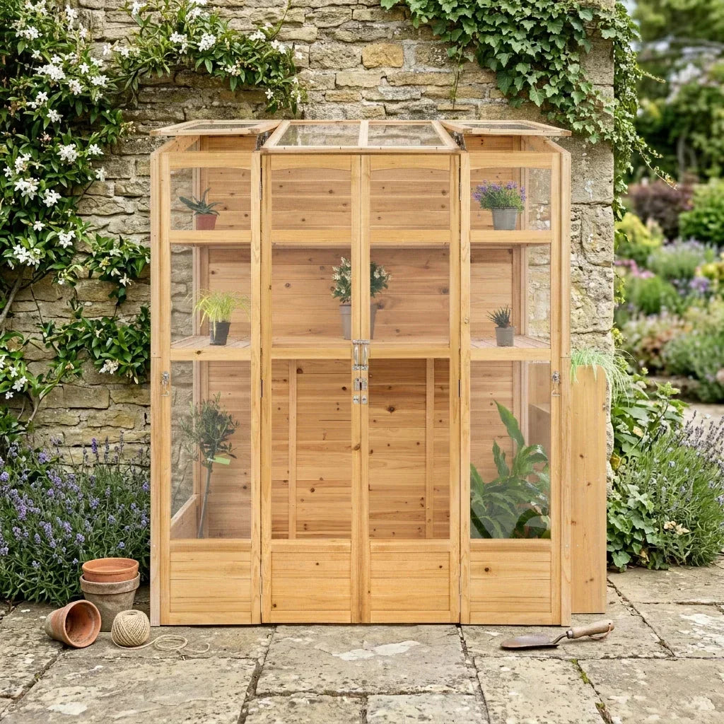Wooden greenhouse with glass panels, showcasing vibrant plants inside, set against a lush garden backdrop with stone paving