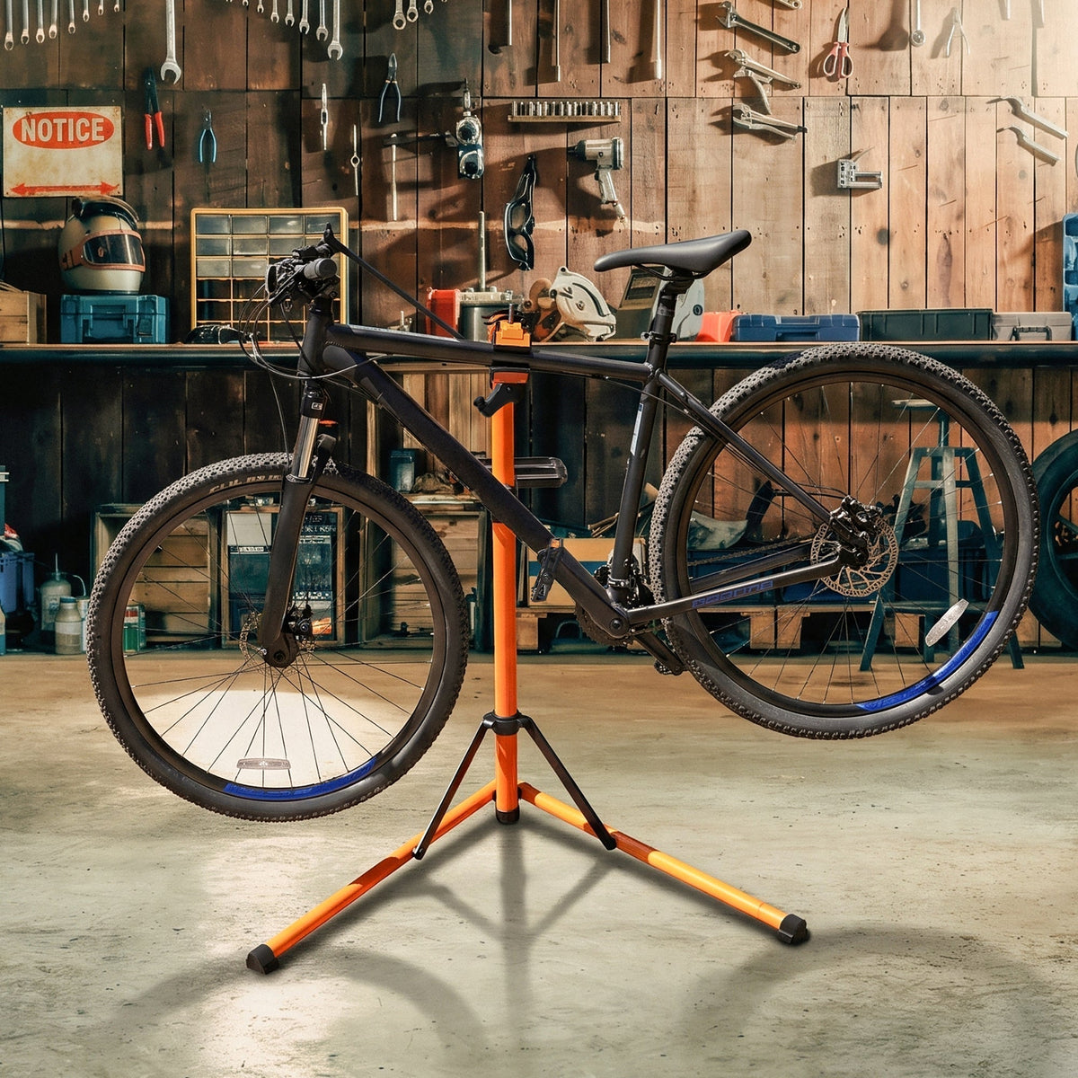 A black mountain bike on an orange repair stand in a workshop, surrounded by tools and wooden walls, showcasing durability and functionality