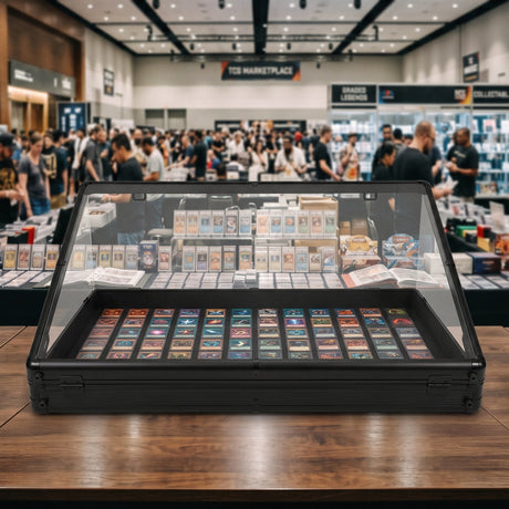 Lockable card display case showcasing a variety of colorful trading cards, set against a busy marketplace backdrop