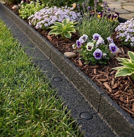 Vibrant flower bed with purple pansies, lush green grass, and textured black lawn edging, enhancing garden aesthetics and organization