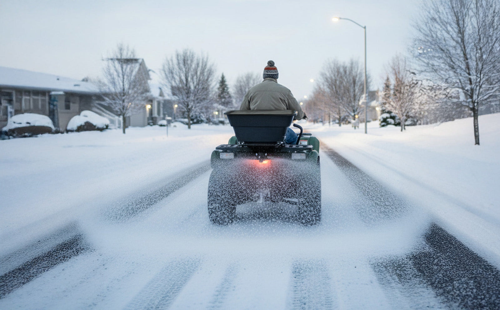 A person on an ATV spreads salt on a snowy road, surrounded by snow-covered houses and trees, creating a clear path through winter