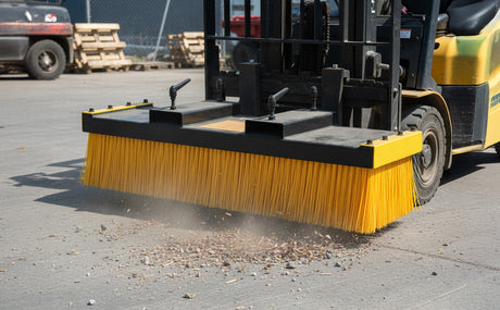 A forklift equipped with a large yellow brush attachment sweeping debris off a concrete surface in a warehouse setting