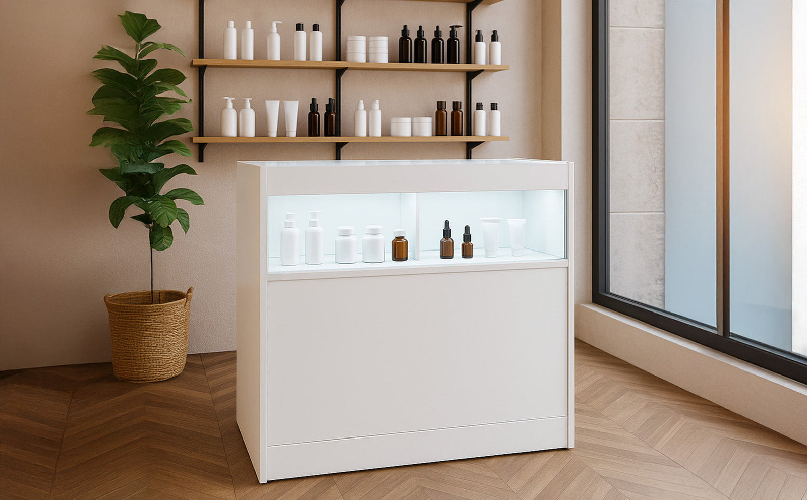 Modern white shop counter displaying various skincare products, with a sleek design and illuminated display, set against a warm, wooden floor