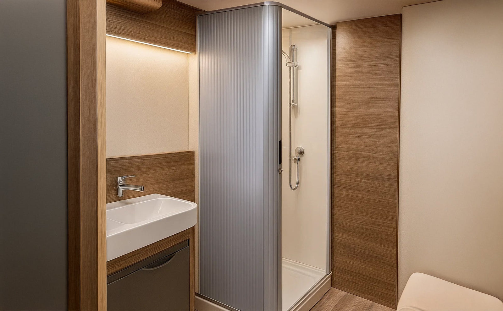 Sleek campervan bathroom featuring a modern tambour shower door, wood accents, and a minimalist sink with chrome fixtures