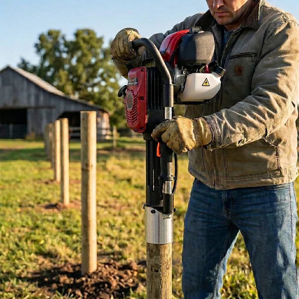 Man using a T-Mech petrol post driver with a red engine, wearing gloves, on a farm with wooden posts and a barn in the background