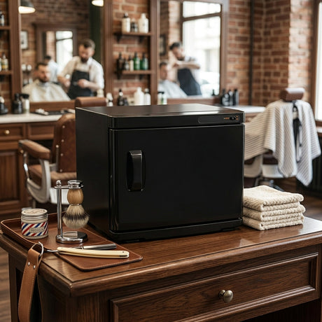 Sleek black hot towel warmer on a wooden salon counter, surrounded by grooming tools, towels, and a vintage barber chair in a rustic setting