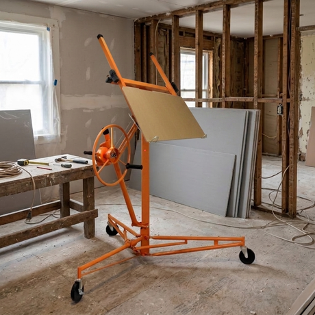A bright orange drywall lift stands in a partially renovated room, surrounded by plasterboard sheets and tools on a wooden floor