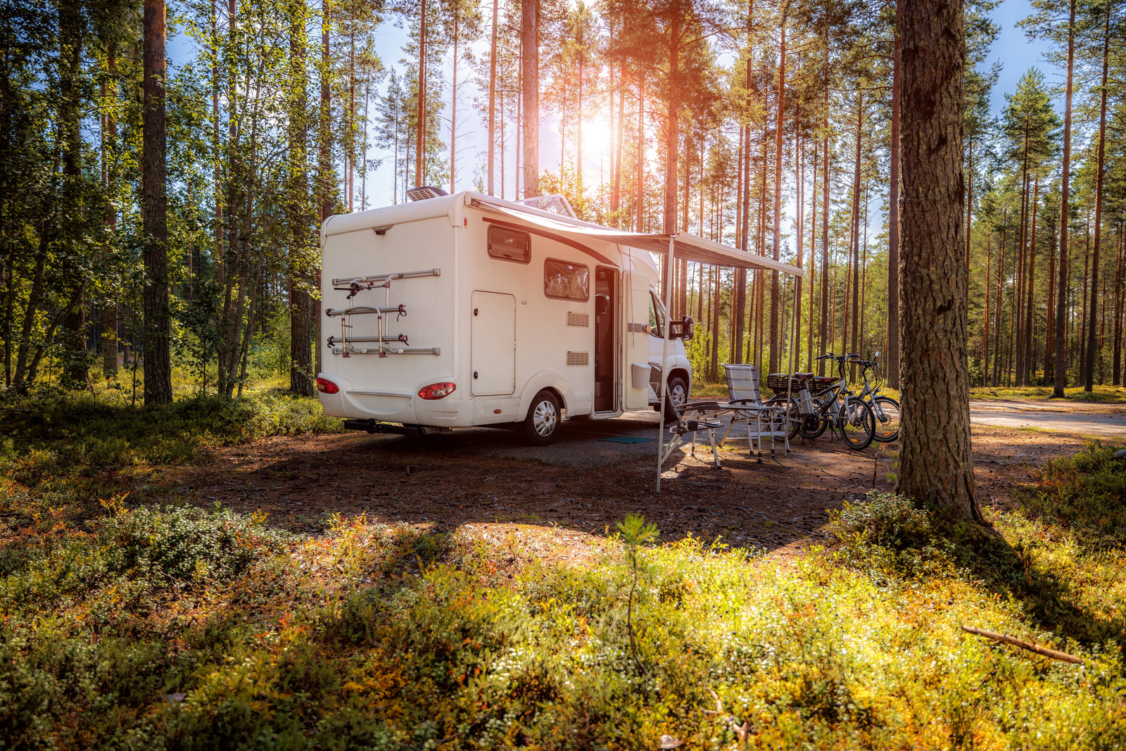 A sleek white motorhome parked in a sunlit forest, surrounded by tall trees, with outdoor chairs and bicycles nearby
