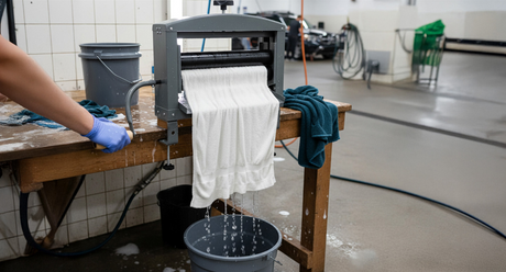 Manual hand wringer extracting water from a white cloth, with blue towels nearby and buckets collecting the runoff in a clean, industrial space