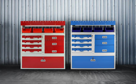 Red and blue storage cabinets with drawers and bins, designed for efficient organization in van storage solutions against a metal backdrop