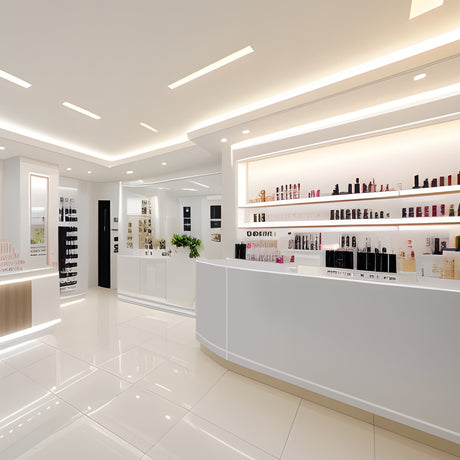Bright, modern retail space featuring sleek white displays, glossy tiles, and organized shelves of beauty products in elegant packaging