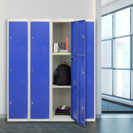 Bright blue metal lockers with open doors, showcasing shelves filled with books and a black backpack, set against a modern office backdrop