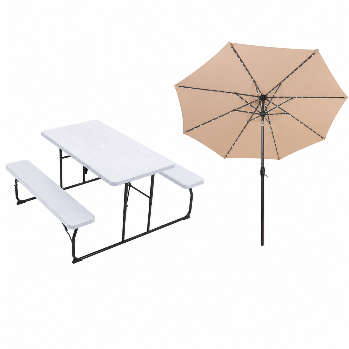 White Foldable Picnic Table + Beige 2.7m LED Parasol Bundle