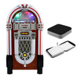 Colorful retro jukebox with chrome accents and a wooden finish, accompanied by a sleek black CD case for music storage