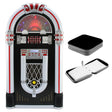 Classic retro jukebox with vibrant colors, chrome accents, and a decorative design, accompanied by a set of black coasters