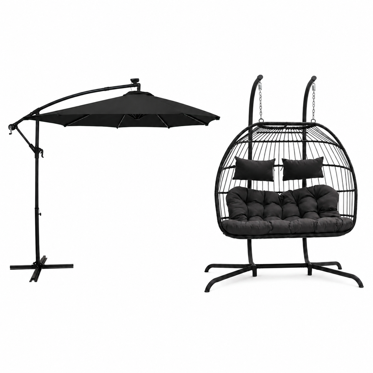 Hanging 2-Seater Egg Chair + Black 3m LED Cantilever Parasol Bundle
