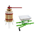 KuKoo fruit crusher with green metal frame and hand crank, paired with an 18-litre wooden fruit press featuring a red lever