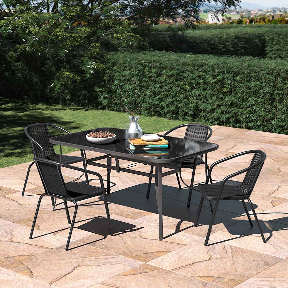 Black Garden Table & Rattan Chairs – 5 Piece Set