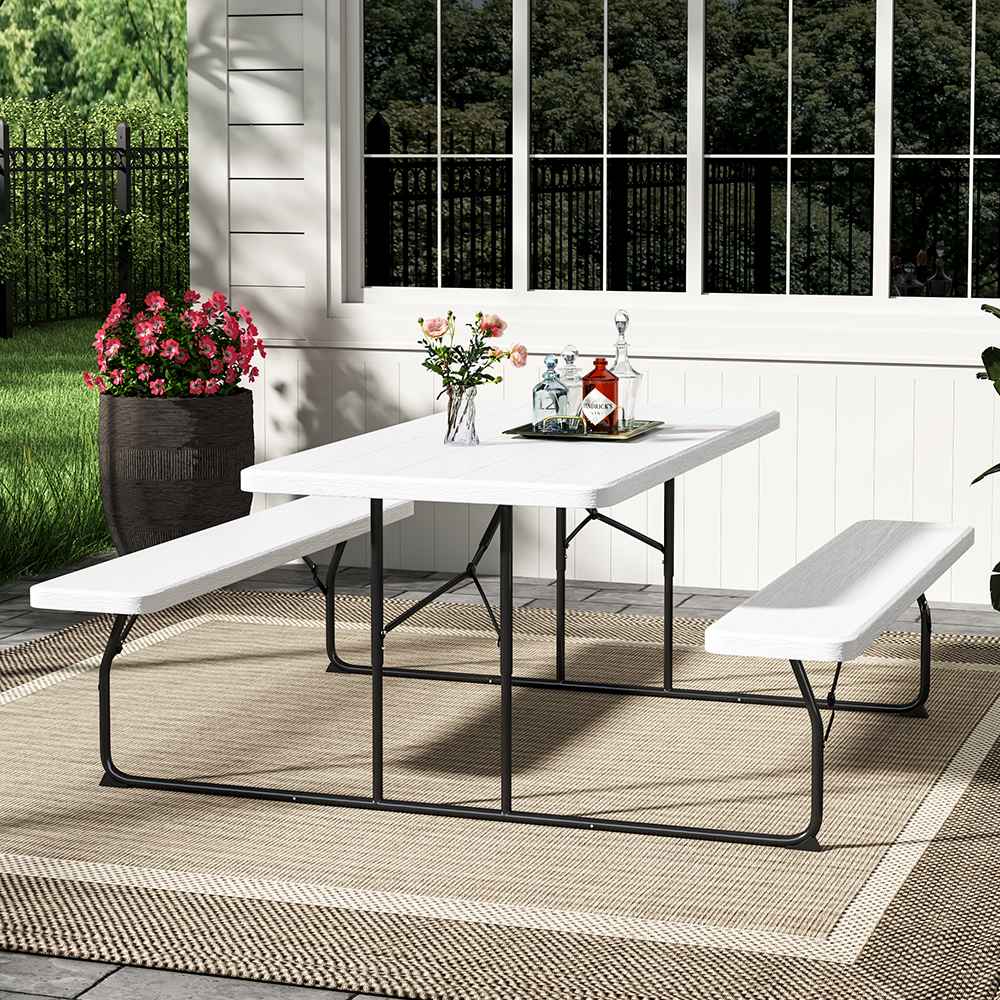 White Foldable Picnic Table + Beige 2.7m LED Parasol Bundle