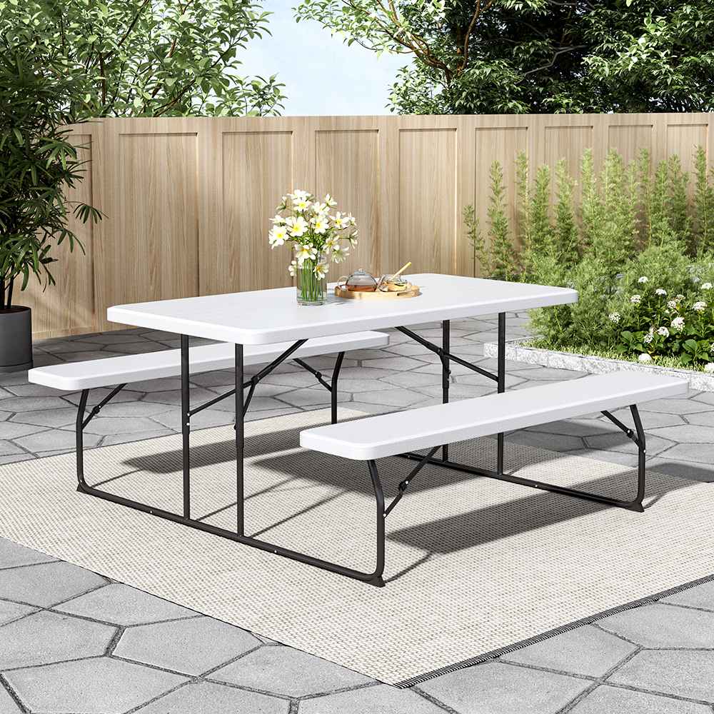 White Foldable Picnic Table + Beige 2.7m LED Parasol Bundle