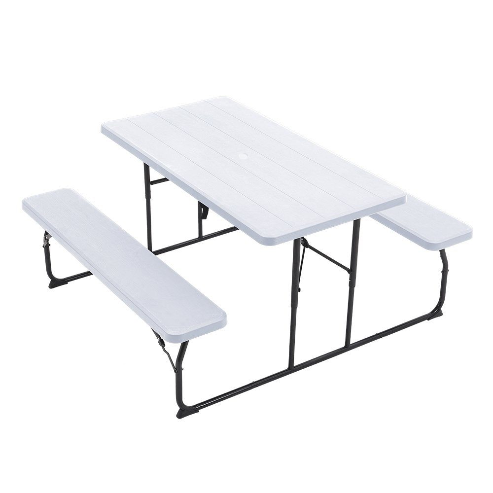 White Foldable Picnic Table + Beige 2.7m LED Parasol Bundle