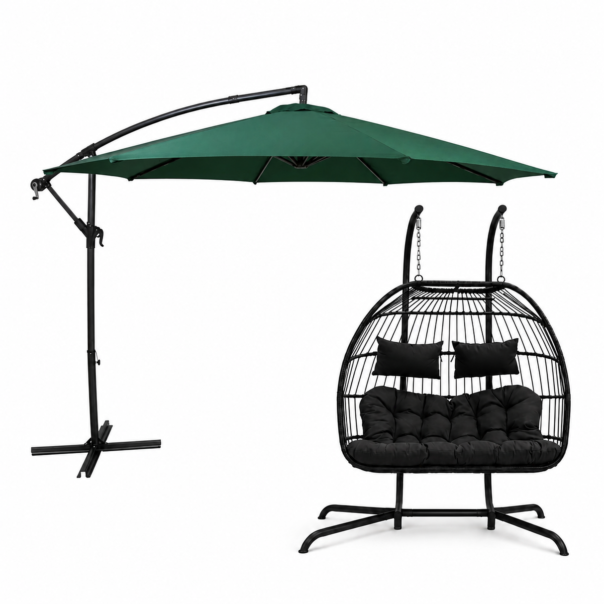Hanging 2-Seater Egg Chair + Green 3m Cantilever Parasol Bundle
