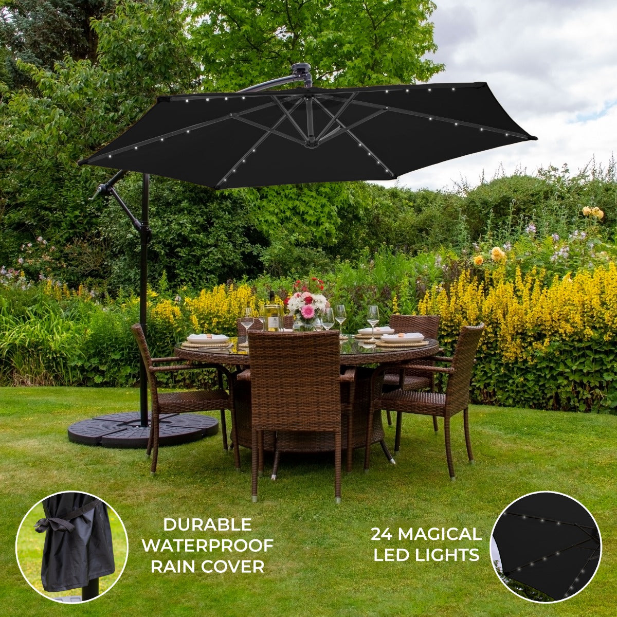 Black 3m LED Cantilever Parasol With Fan Base