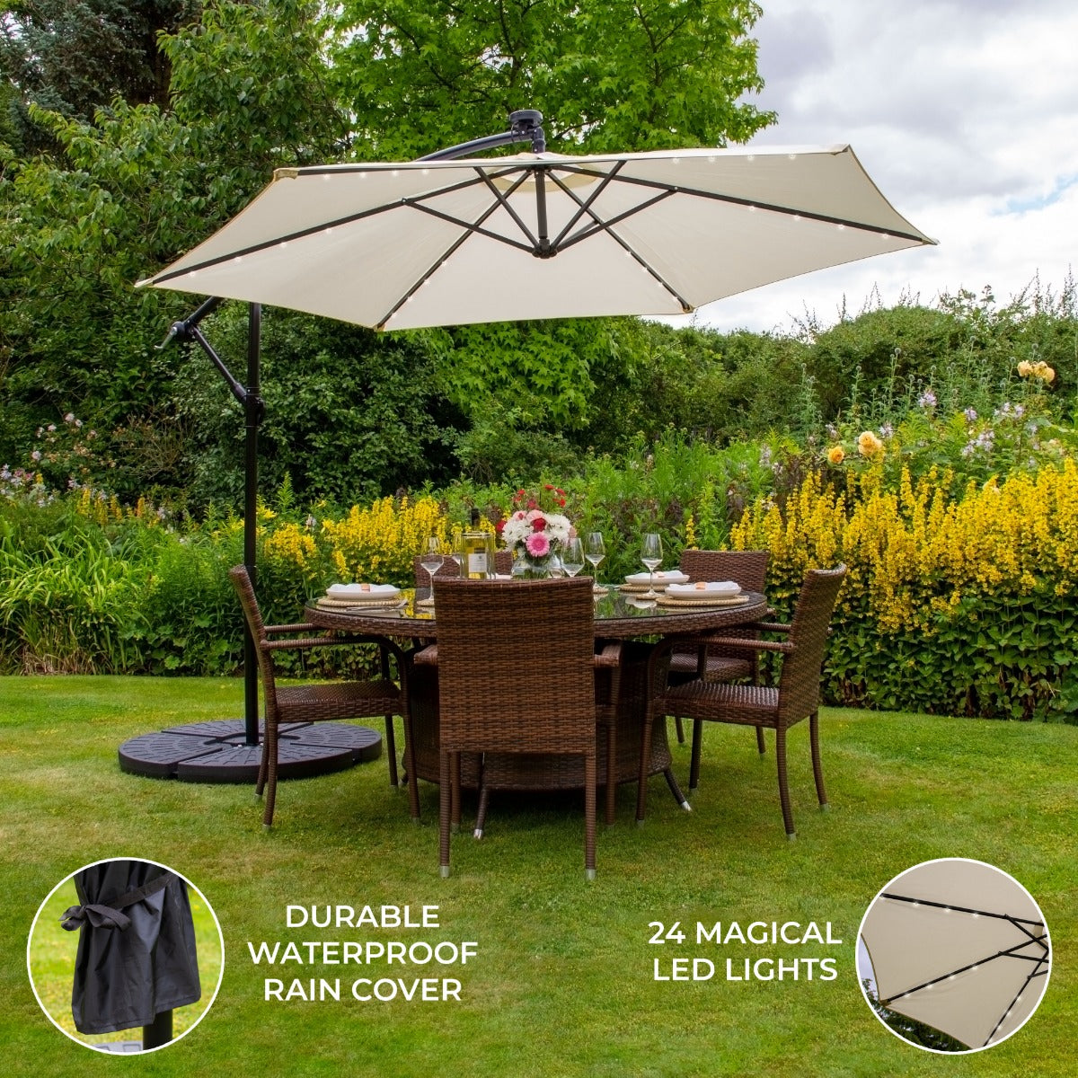 Cream 3m LED Cantilever Parasol With Fan Base