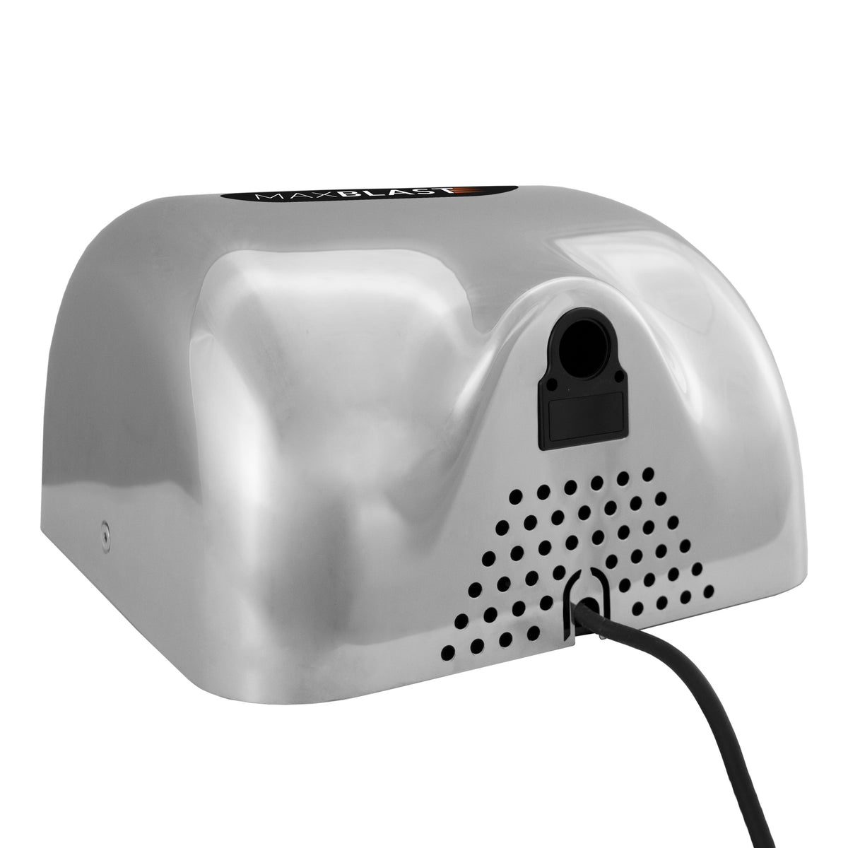 Sleek silver Maxblast automatic hand dryer with HEPA filter, featuring a curved design and textured ventilation holes at the back
