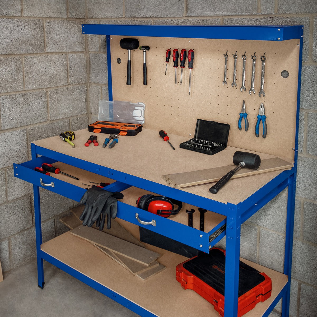 Workbench with Pegboard, Drawer & Light – Blue