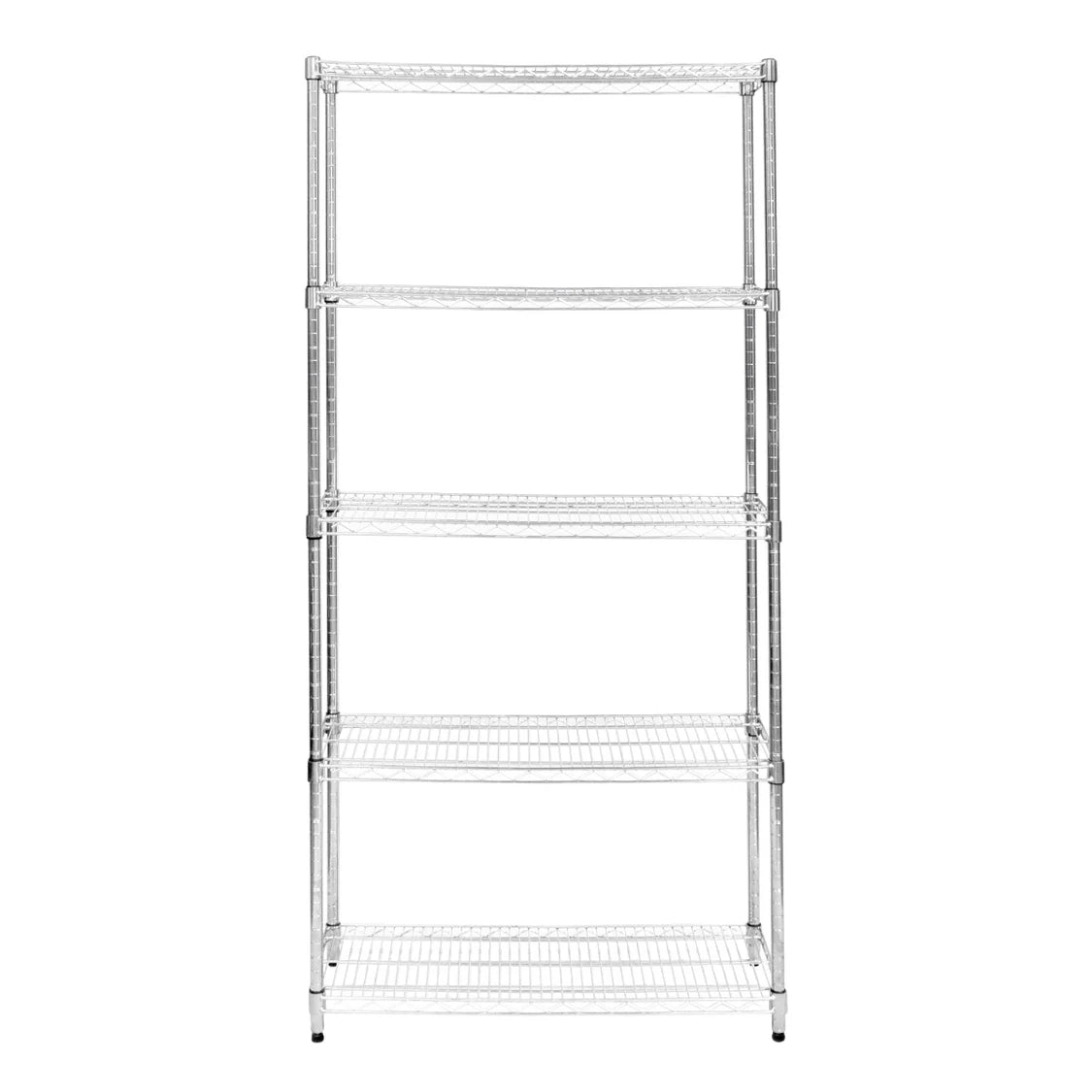 Sturdy chrome wire racking unit with five shelves, measuring 35cm x 90cm x 180cm, ideal for storage and organization