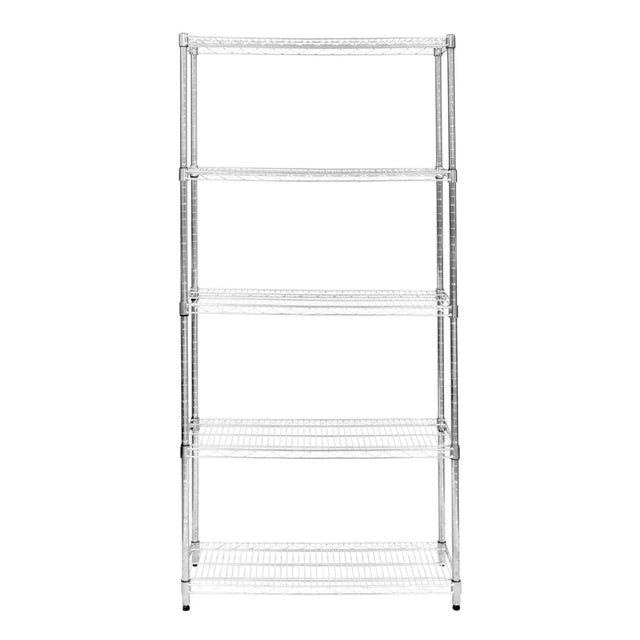 Sturdy chrome wire racking unit with five shelves, measuring 35cm x 90cm x 180cm, ideal for storage and organization