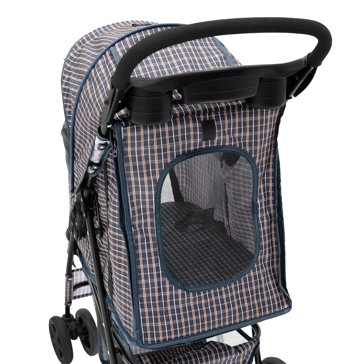 Pet Stroller with Rain Cover – Blue Tartan