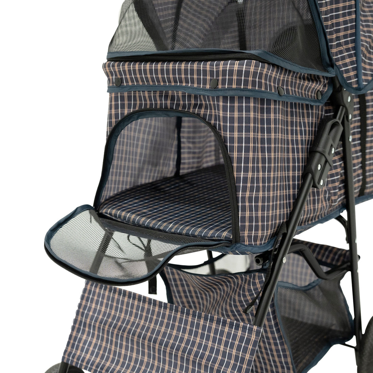 Pet Stroller with Rain Cover – Blue Tartan