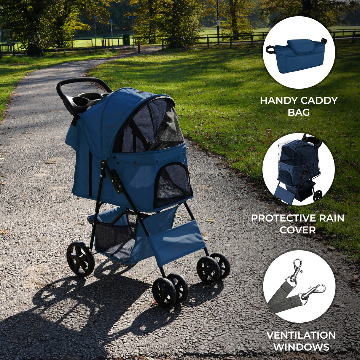 Pet Stroller with Rain Cover & Caddy Bag - Navy Blue