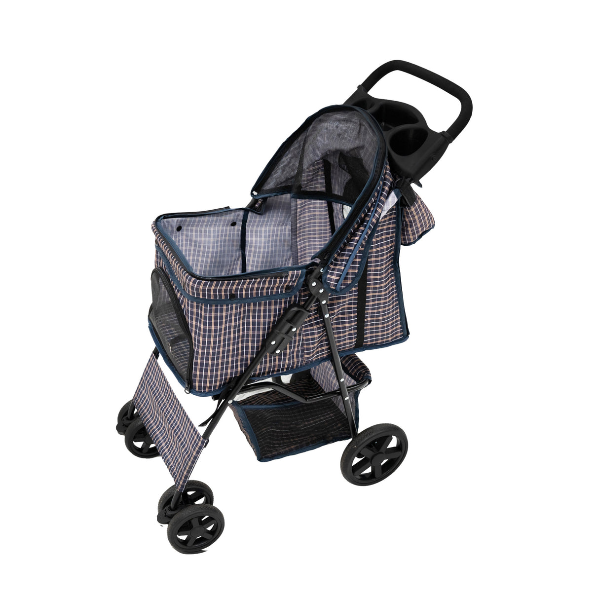 Pet Stroller with Rain Cover & Caddy Bag - Blue Tartan