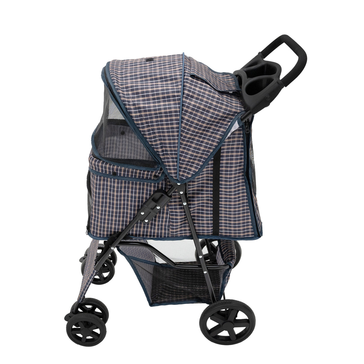 Pet Stroller with Rain Cover & Caddy Bag - Blue Tartan