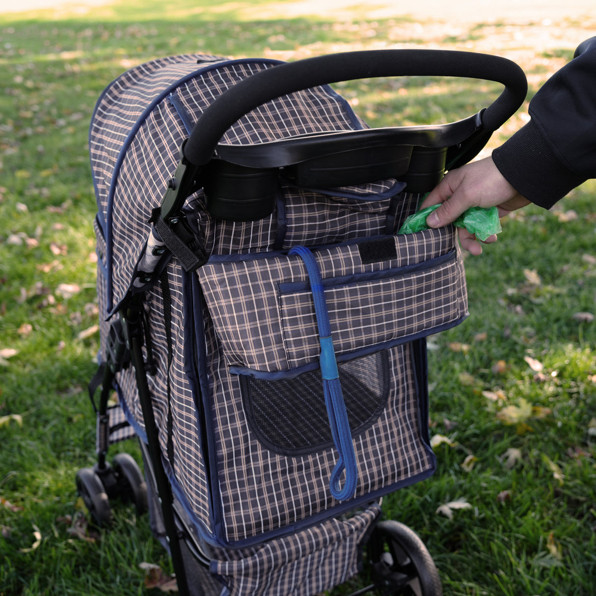 Pet Stroller with Rain Cover & Caddy Bag - Blue Tartan