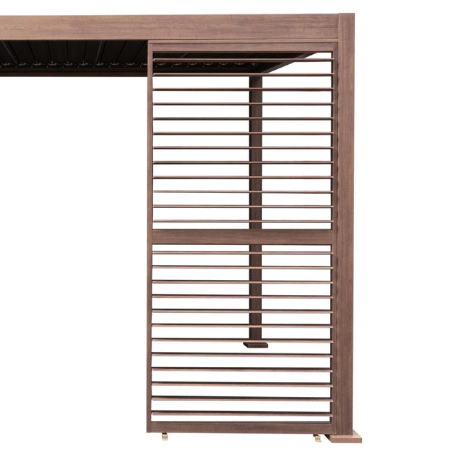 Wood effect aluminium pergola shutter panel, 92cm wide, featuring horizontal slats in a rich brown finish for outdoor elegance