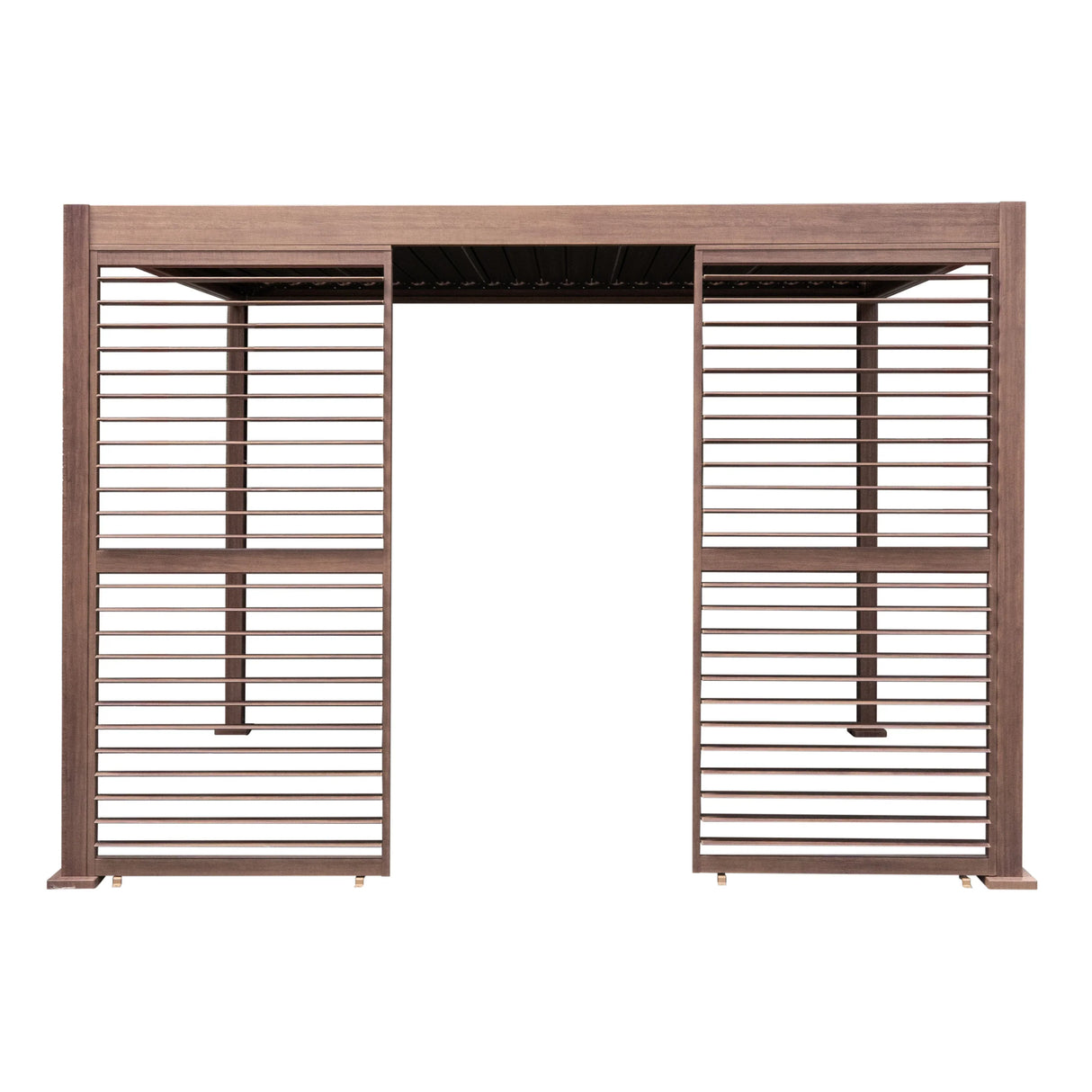Wood effect aluminum pergola shutter panel in rich brown, featuring horizontal slats and a sturdy, modern design, 92cm wide