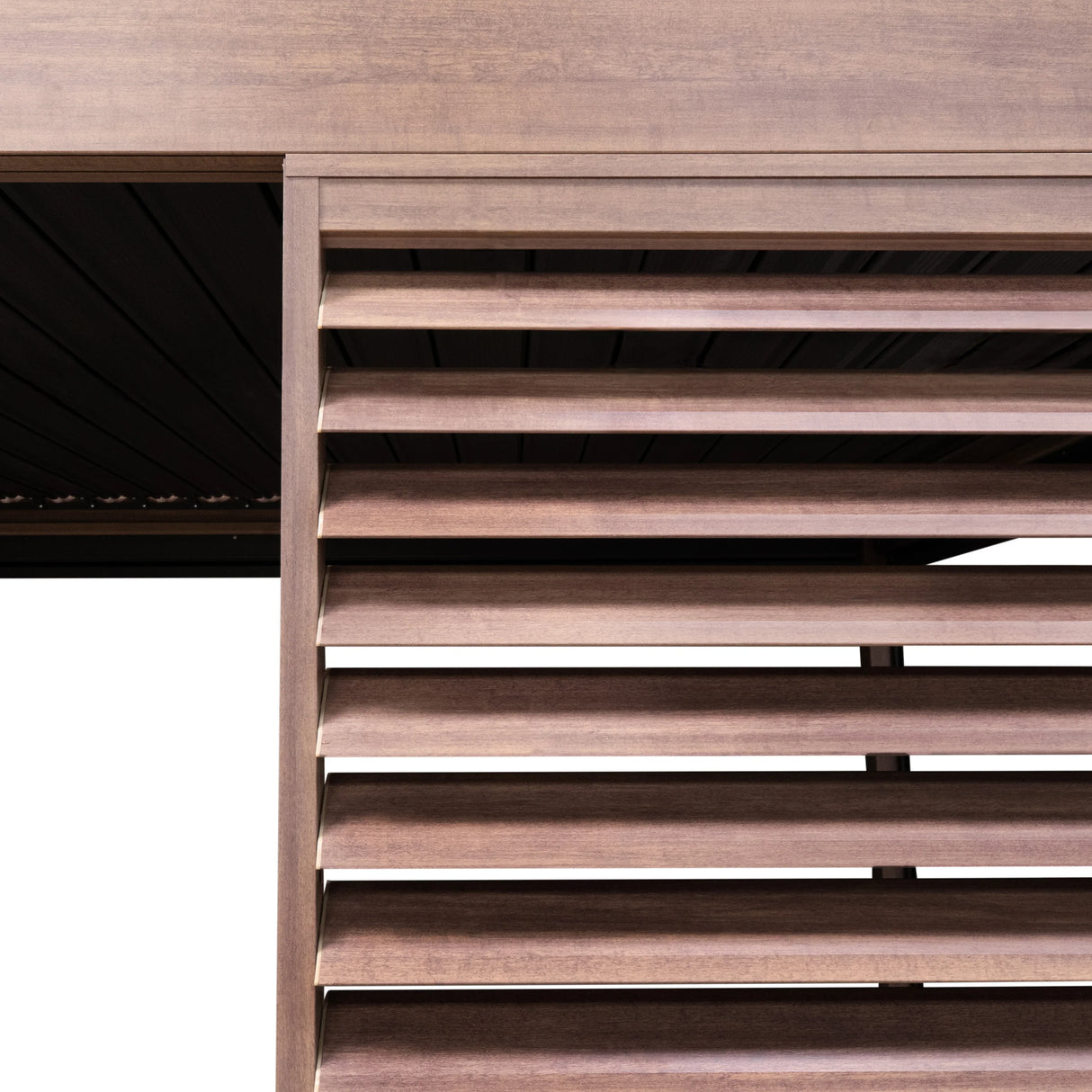 Wood effect aluminum pergola shutter panel in rich brown, featuring horizontal slats for ventilation and shade, 92cm wide