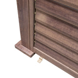 Wood effect aluminium pergola shutter panel in a warm brown finish, featuring horizontal slats and a sturdy base for outdoor use