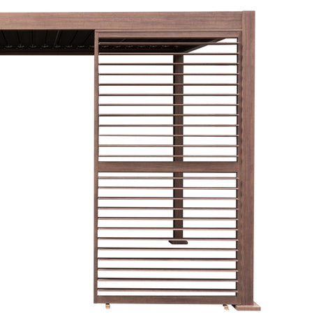 Wood effect aluminum pergola shutter panel in rich brown, featuring horizontal slats for ventilation and privacy, 123cm wide