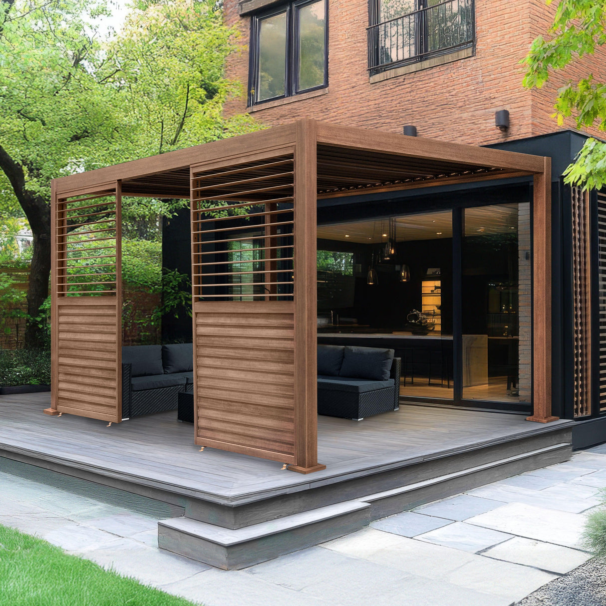 Wood effect aluminium pergola shutter panel in rich brown, featuring horizontal slats, enhancing outdoor space with modern elegance