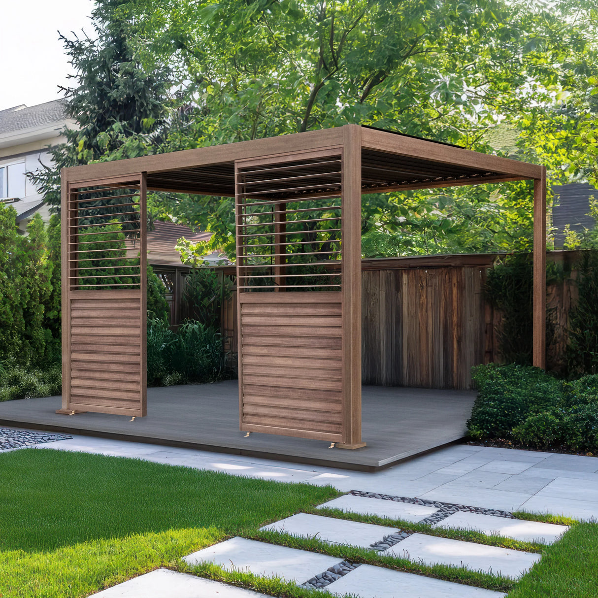 Wood effect aluminium pergola shutter panel in a garden setting, featuring a sleek design with horizontal slats and a natural wood finish