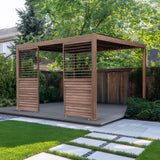 Wood effect aluminium pergola shutter panel in a garden setting, featuring a sleek design with horizontal slats and a natural wood finish