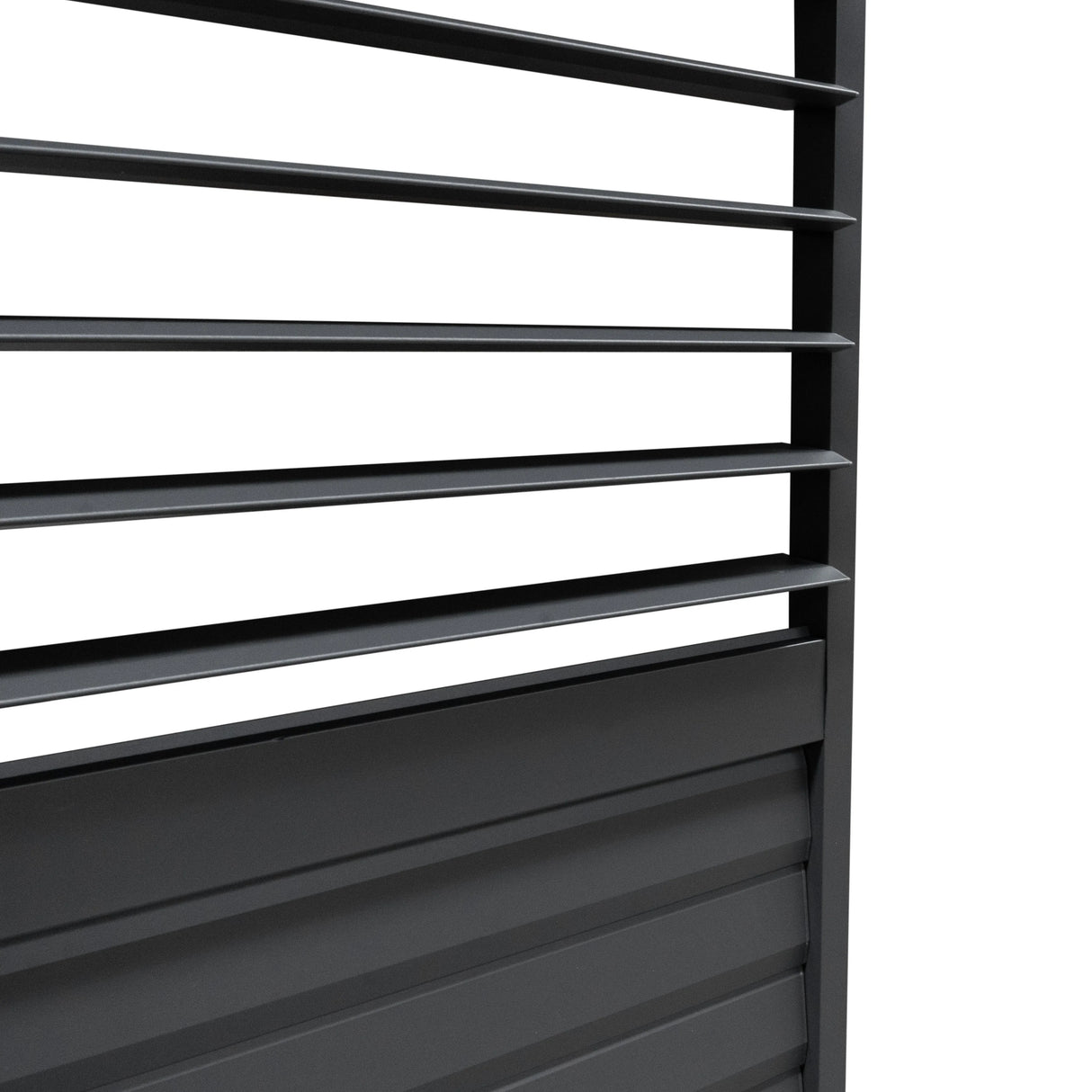 Anthracite aluminum pergola shutter panel with sleek horizontal slats, measuring 123cm wide, showcasing a modern, durable design