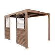 Wood effect aluminium pergola with LED lights, featuring two side panels, 3m x 3m, showcasing a modern, sleek design and warm tones