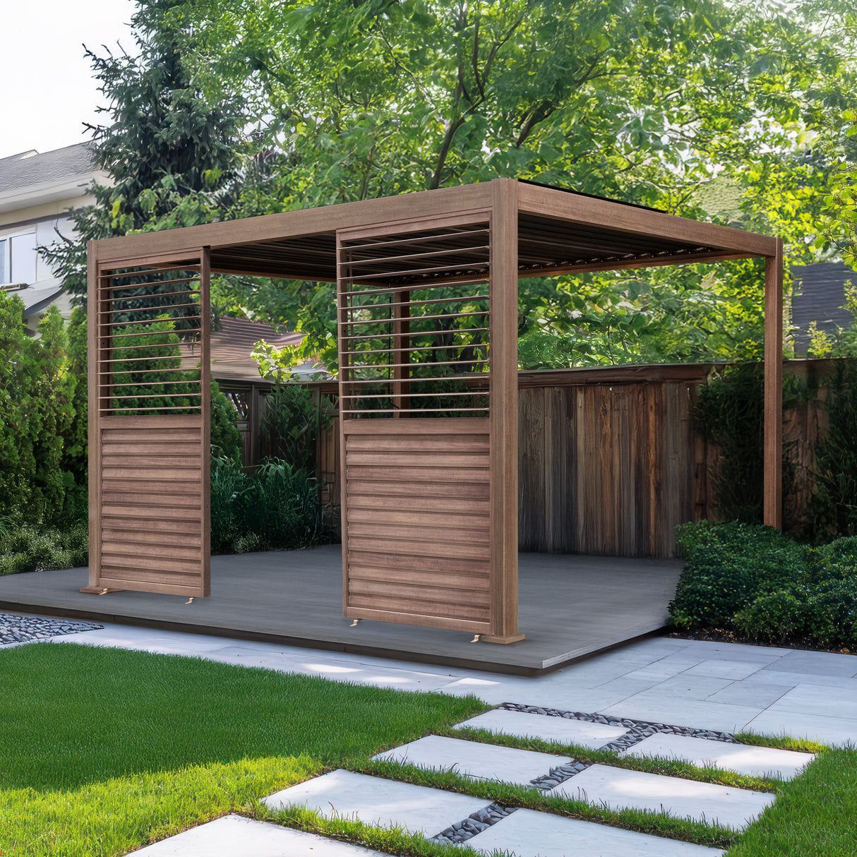 Wood Effect Aluminium Pergola 4m x 3m with 2 Louvre Panels